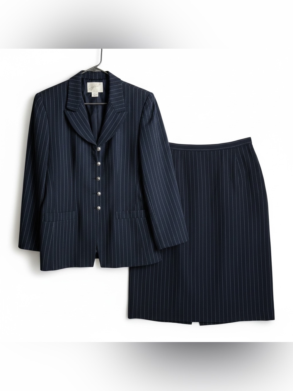 Vintage Jacqueline Ferrar Blazer Skirt Suit Set Women Pin Stripe Size 14